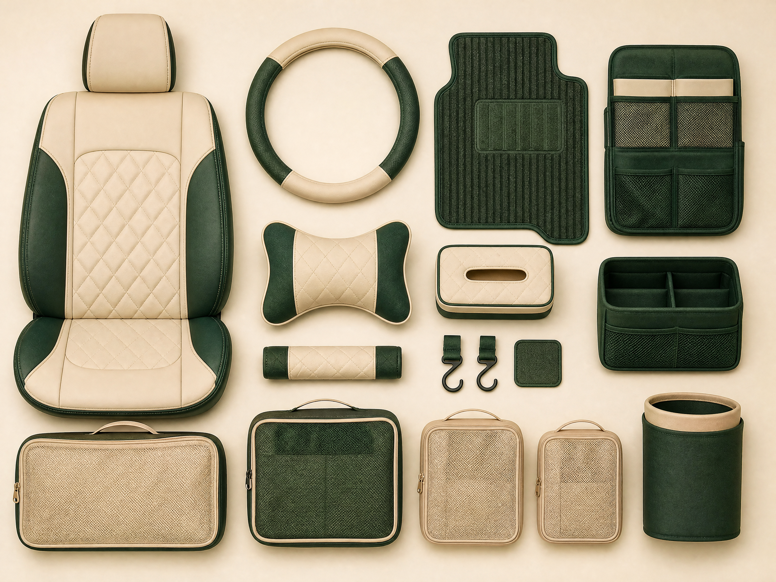A knolling flat lay of universal cabin accessories and travel gear arranged as a selection grid