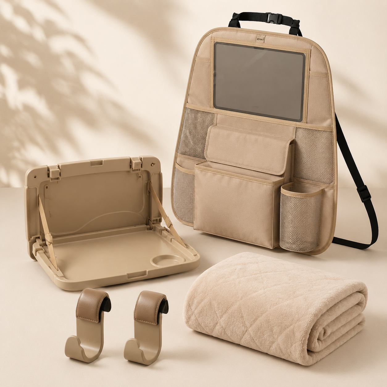 Backseat Family Kit — Rear-seat organizer, Seat-back tray, Headrest hooks x2, Travel blanket