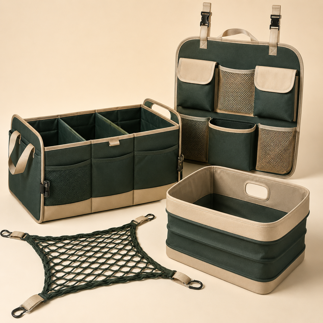 Boot & Cargo Organizer System — Foldable boot organizer, Hanging rear organizer, Cargo net, Storage bin