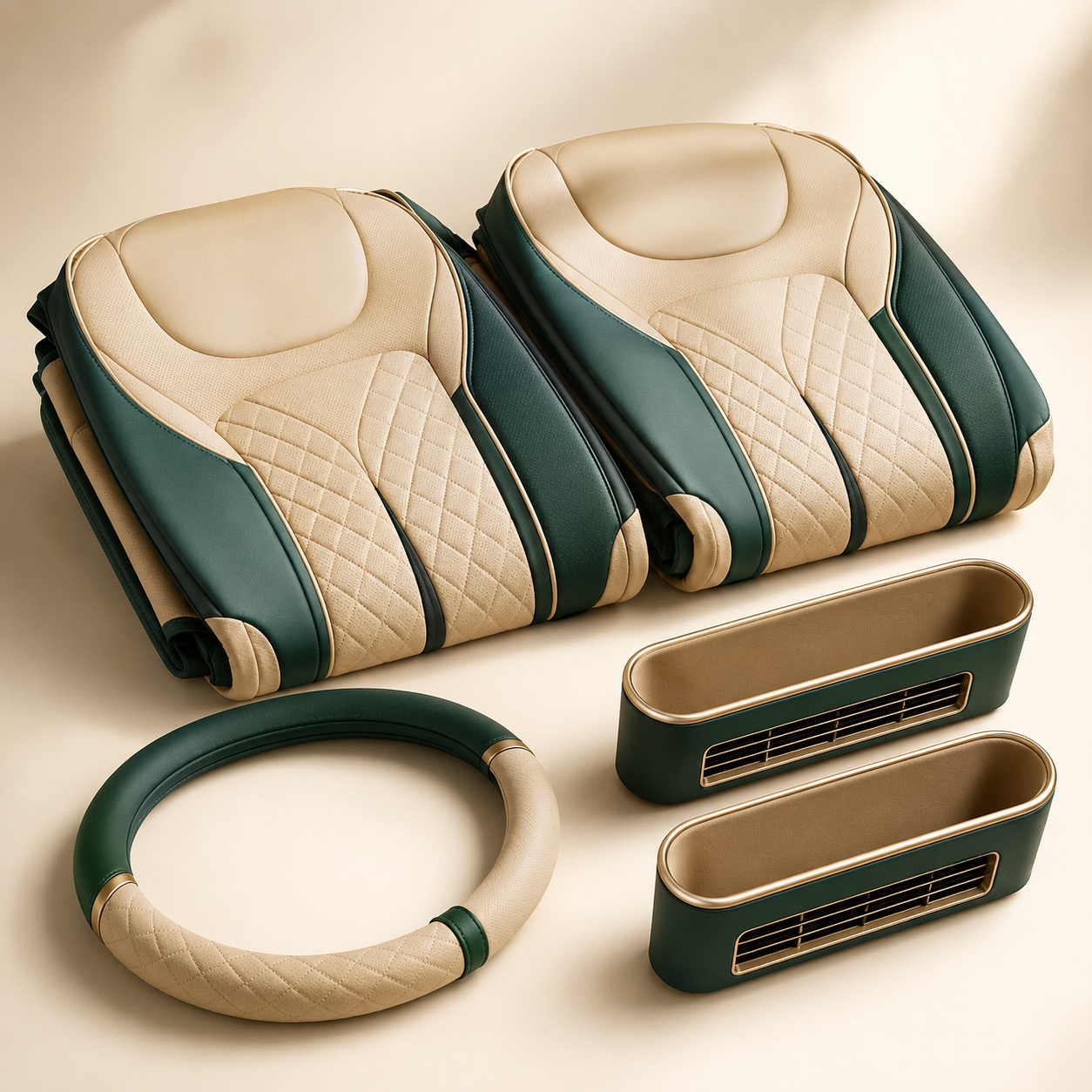 Cabin Refresh Starter Kit — Universal front seat covers x2, Steering wheel cover, Air-vent organizers x2