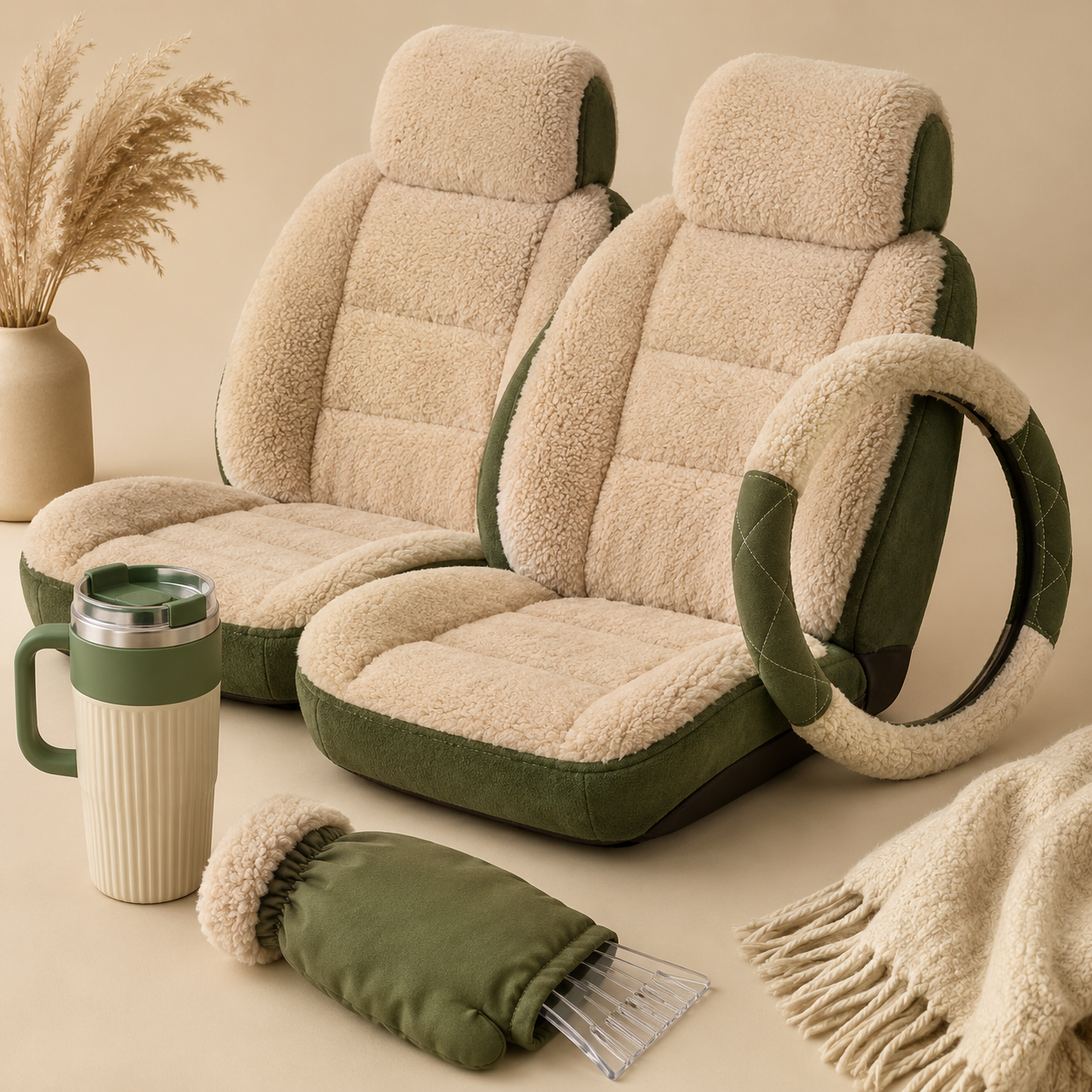 Cold-Season Comfort Kit — Thick plush seat cushions x2 (non-heated), Plush steering wheel cover, Insulated travel mug, Defrost scraper glove