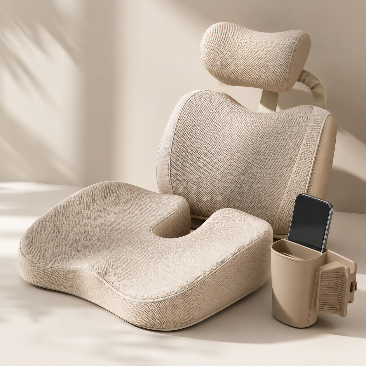 Commuter Comfort Kit — Memory-foam seat cushion, Lumbar & headrest support, Phone-friendly vent organizer