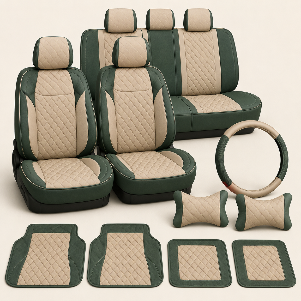 Full Interior Comfort Set — Full front + rear quilted seat covers, Steering wheel cover, Headrest neck pillows x2, Universal floor mats x4