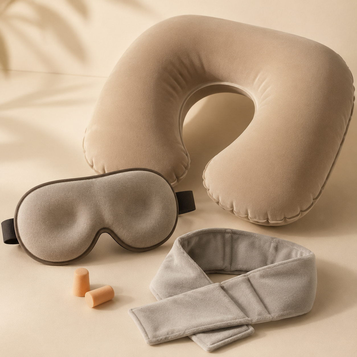 Long-Haul Sleep Kit — Inflatable travel pillow, Contoured eye mask, Earplug set, Cooling neck wrap
