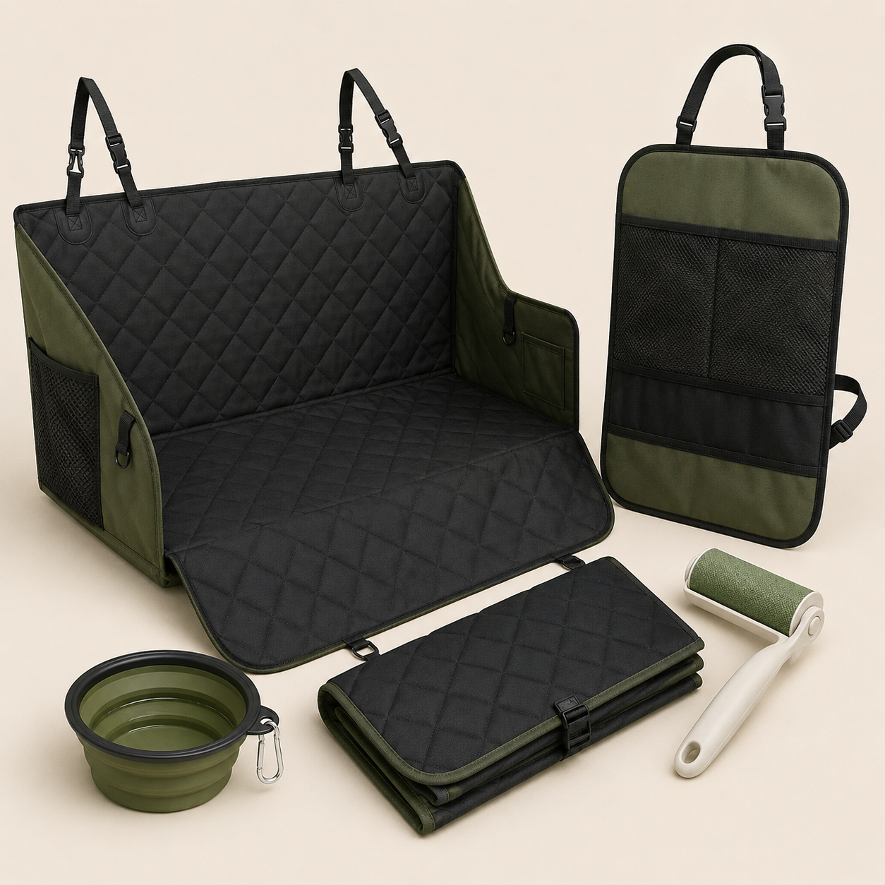 Pet Travel Cabin Set — Waterproof rear hammock mat, Seat-back protector, Pet fur roller, Collapsible water bowl