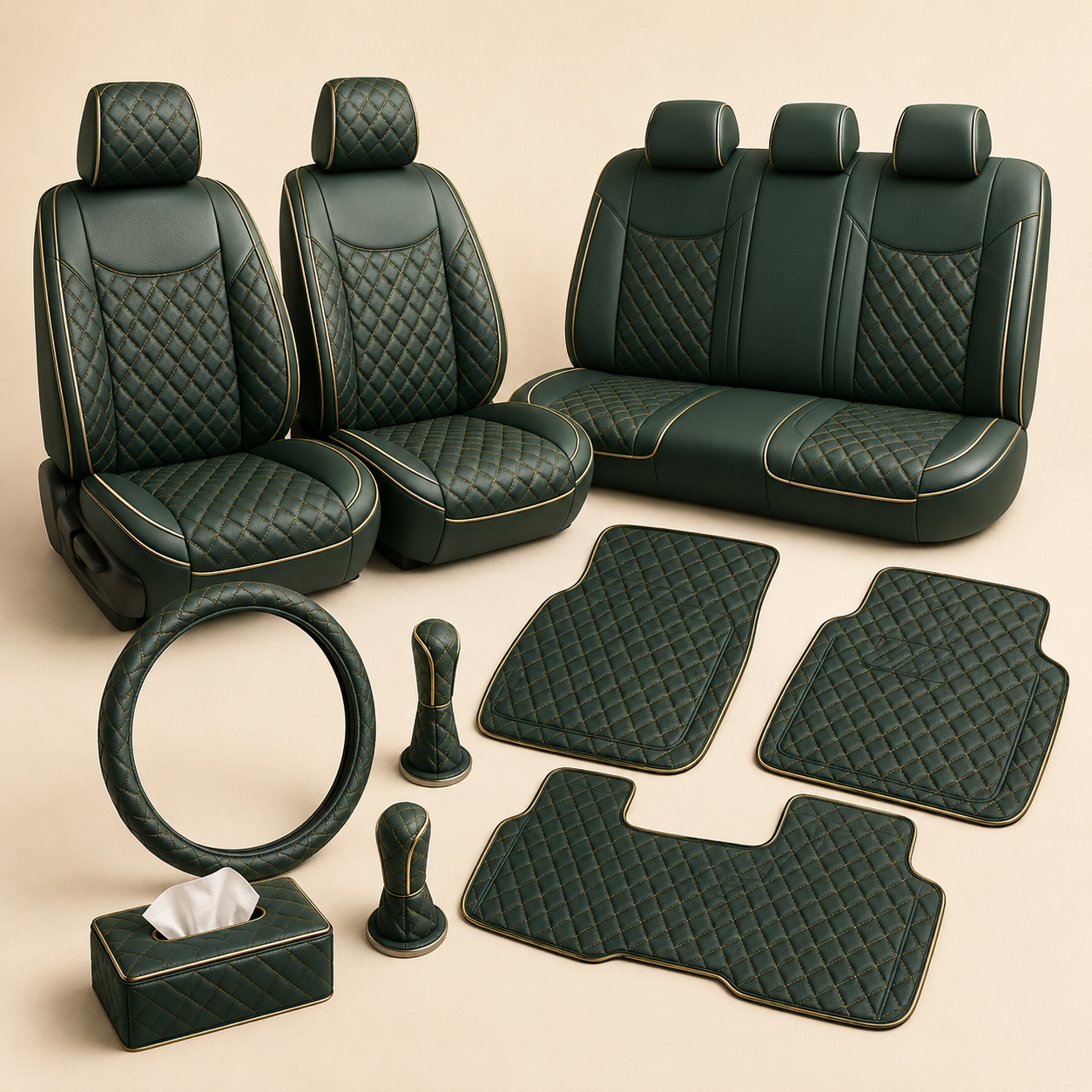 Premium Cabin Signature Set — Full quilted seat cover set, Steering wheel cover, Gear & handbrake covers, Floor mats, Tissue box cover