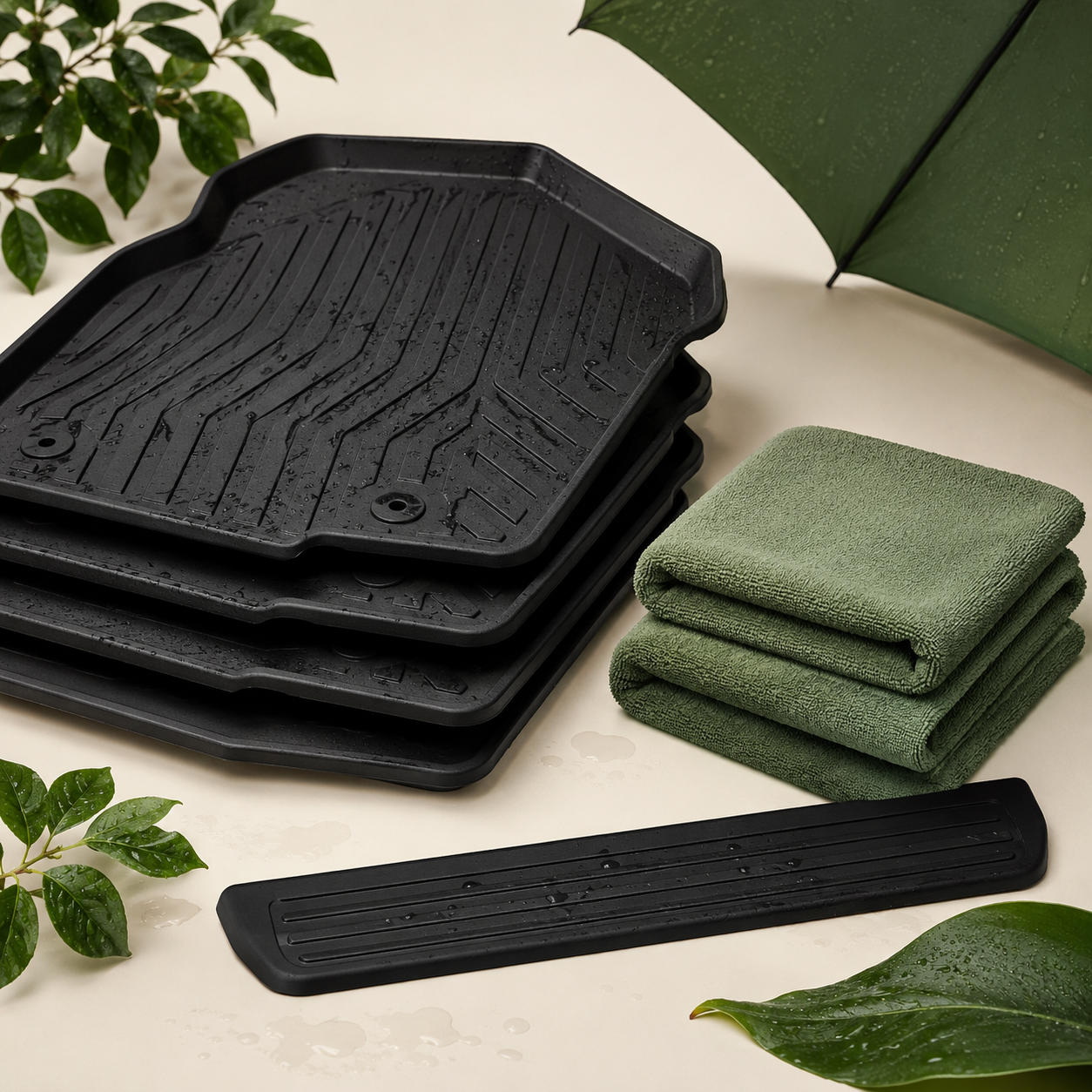 Rainy-Day Cabin Kit — All-weather floor mats x4, Microfiber drying towels x3, Door-sill liner