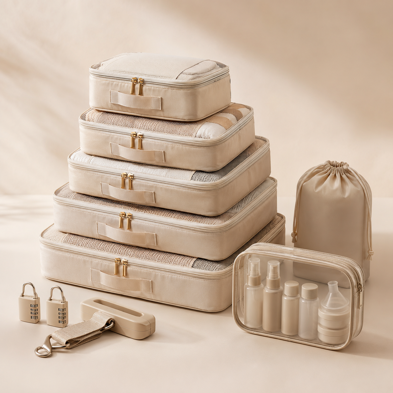 Weekend Escape Travel Set — Compression packing bags x6, Luggage locks x2, Luggage scale, Refill bottle set